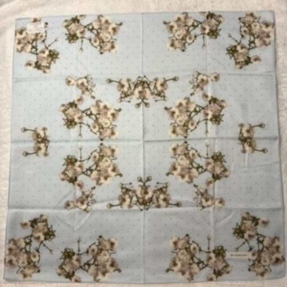 Vtg GIVENCHY Scarf Handkerchief Floral Cotton Light Blue 19.5"
